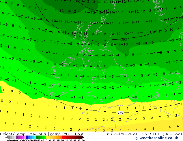 Height/Temp. 700 hPa ECMWF Pá 07.06.2024 12 UTC