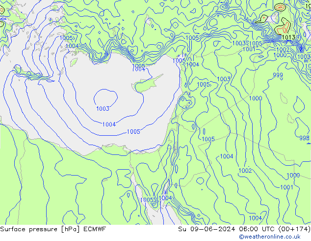 Atmosférický tlak ECMWF Ne 09.06.2024 06 UTC