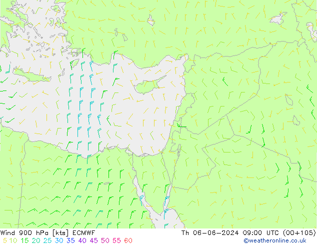 Vento 900 hPa ECMWF gio 06.06.2024 09 UTC