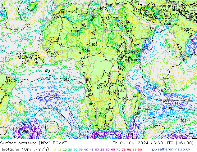 Isotachen (km/h) ECMWF Do 06.06.2024 00 UTC