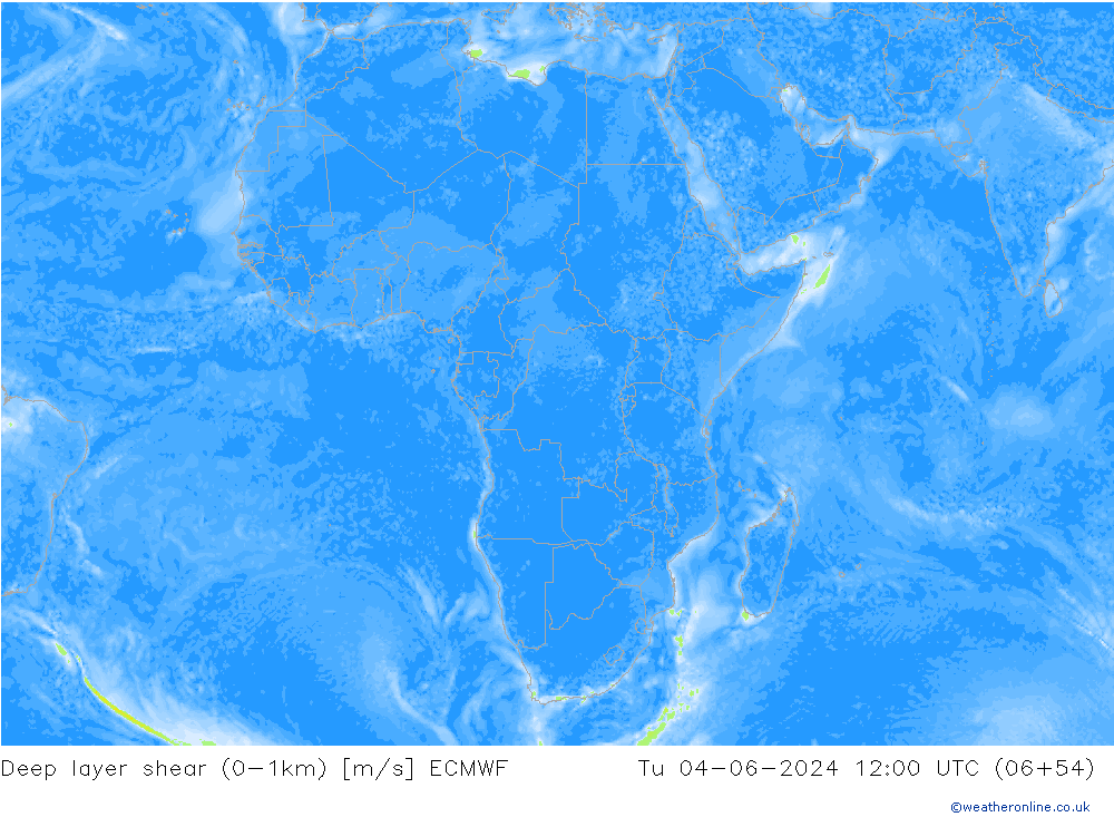 Deep layer shear (0-1km) ECMWF Tu 04.06.2024 12 UTC