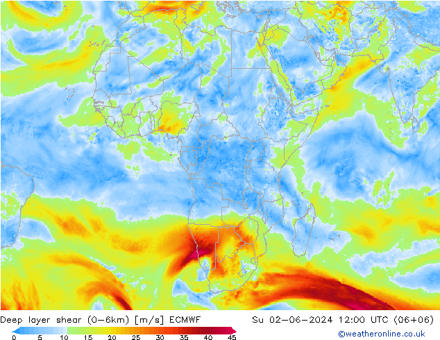 Deep layer shear (0-6km) ECMWF Paz 02.06.2024 12 UTC