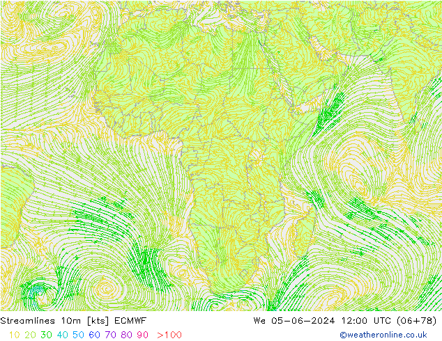 Streamlines 10m ECMWF We 05.06.2024 12 UTC