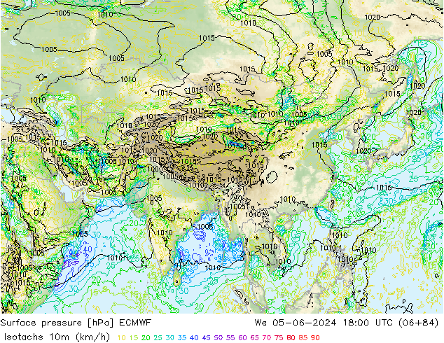 Isotaca (kph) ECMWF mié 05.06.2024 18 UTC