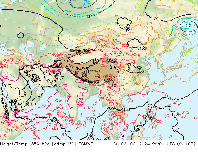 Geop./Temp. 850 hPa ECMWF dom 02.06.2024 09 UTC
