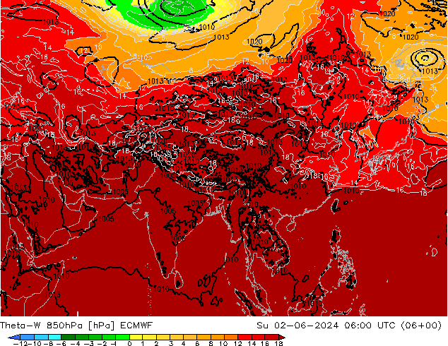 Theta-W 850гПа ECMWF Вс 02.06.2024 06 UTC