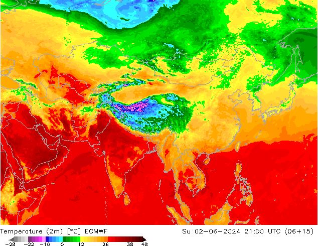 Temperatuurkaart (2m) ECMWF zo 02.06.2024 21 UTC