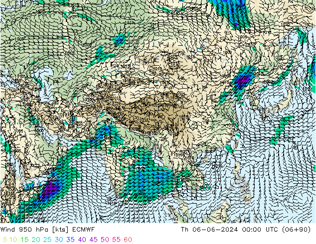 Wind 950 hPa ECMWF Čt 06.06.2024 00 UTC