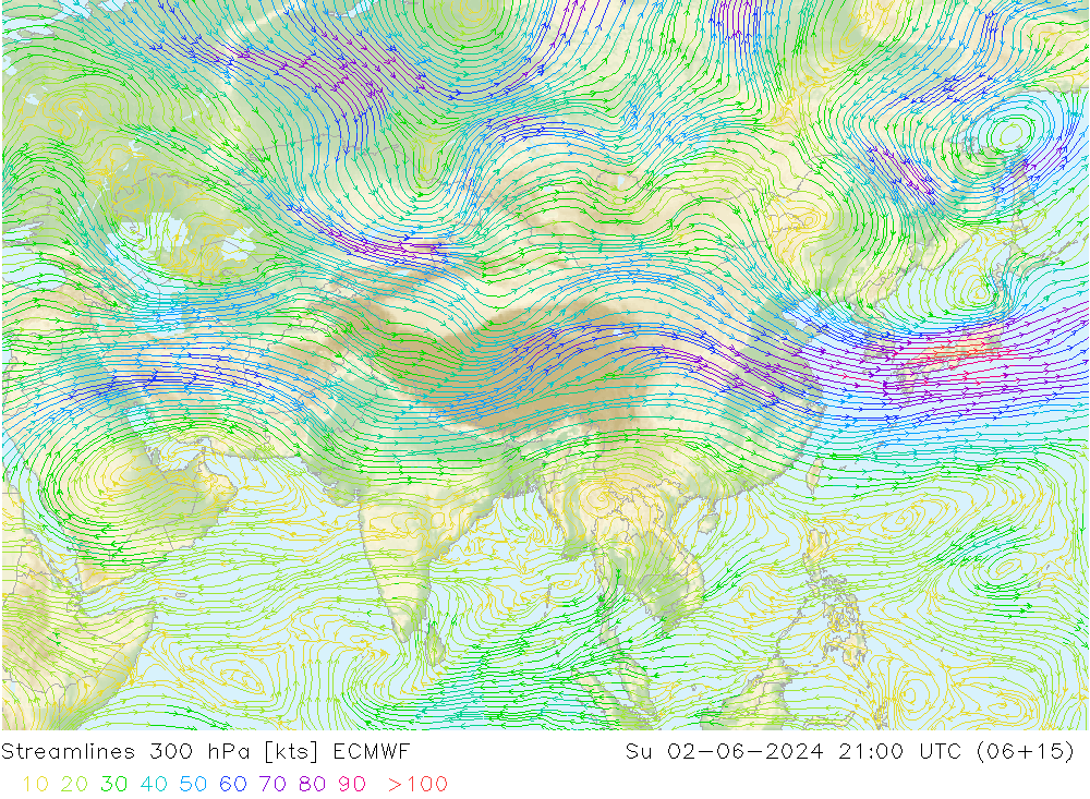 Linea di flusso 300 hPa ECMWF dom 02.06.2024 21 UTC