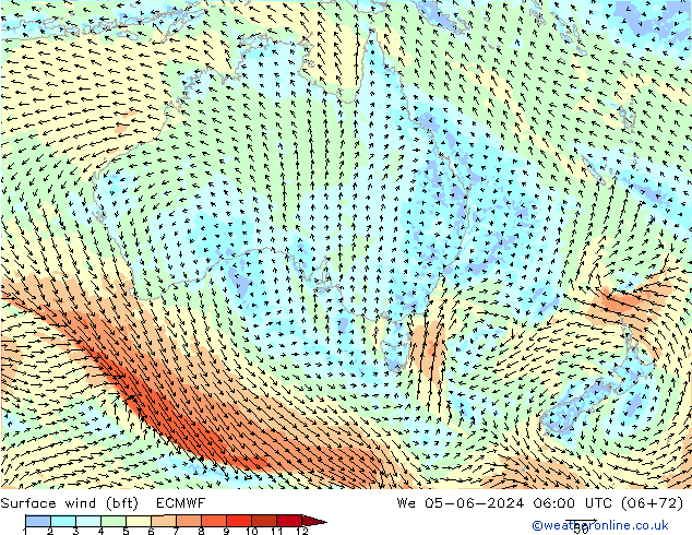 Viento 10 m (bft) ECMWF mié 05.06.2024 06 UTC