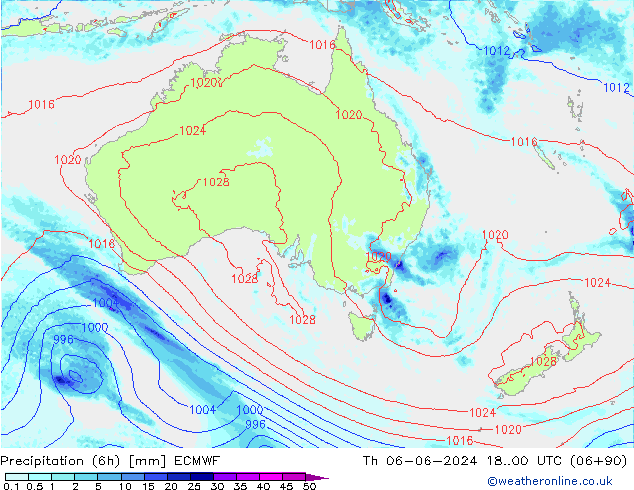 Precipitation (6h) ECMWF Čt 06.06.2024 00 UTC