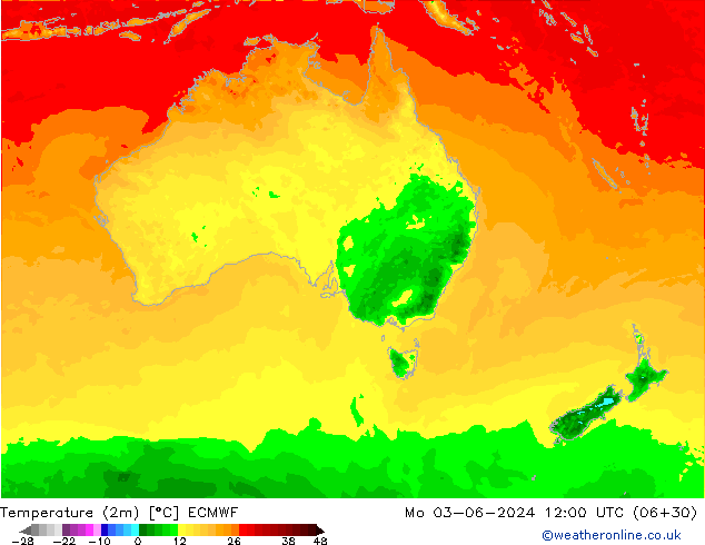 Temperatura (2m) ECMWF lun 03.06.2024 12 UTC