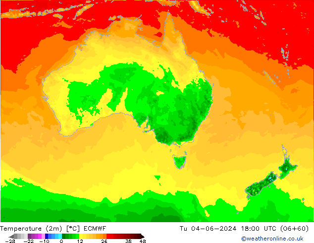 Temperatuurkaart (2m) ECMWF di 04.06.2024 18 UTC