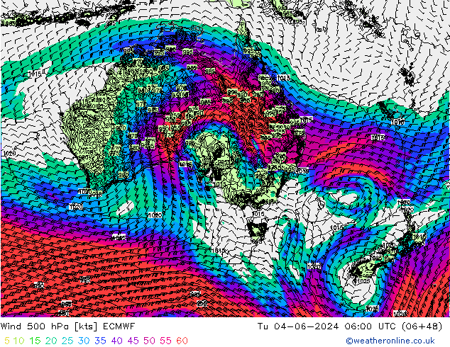 wiatr 500 hPa ECMWF wto. 04.06.2024 06 UTC