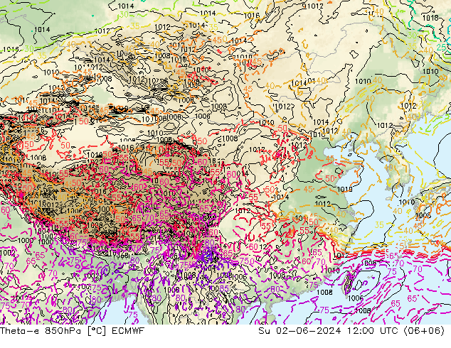 Theta-e 850гПа ECMWF Вс 02.06.2024 12 UTC