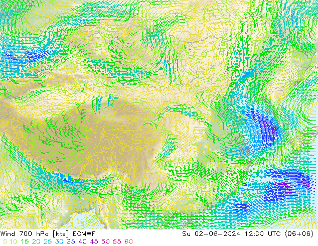 Vento 700 hPa ECMWF Dom 02.06.2024 12 UTC