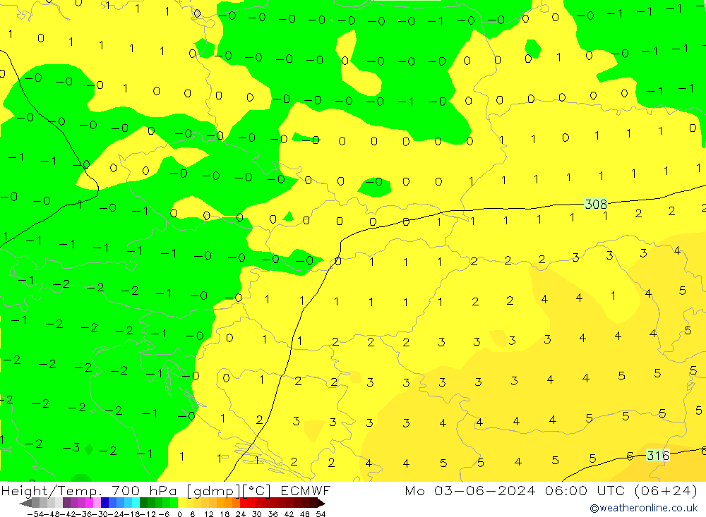 Height/Temp. 700 hPa ECMWF  03.06.2024 06 UTC