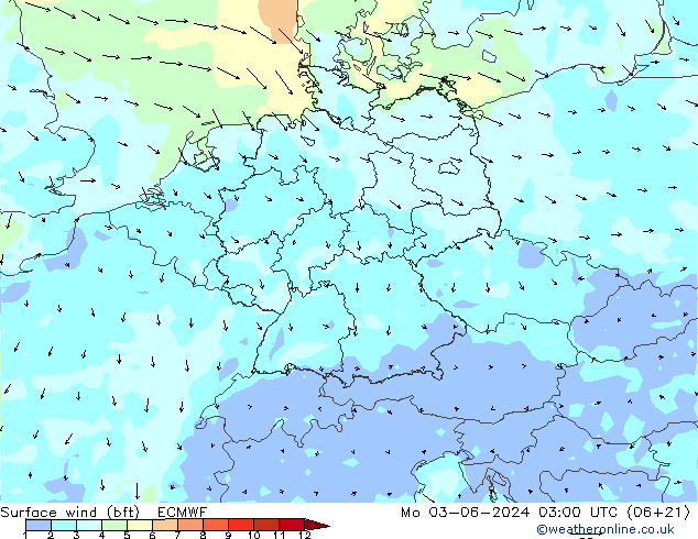 wiatr 10 m (bft) ECMWF pon. 03.06.2024 03 UTC