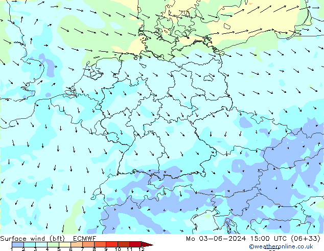 Surface wind (bft) ECMWF Mo 03.06.2024 15 UTC