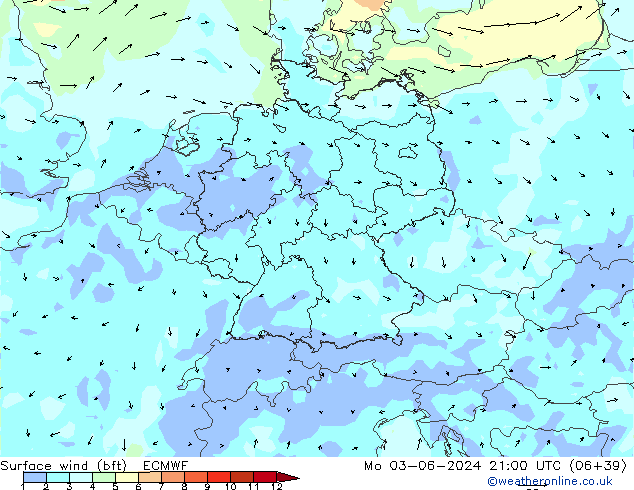 Wind 10 m (bft) ECMWF ma 03.06.2024 21 UTC