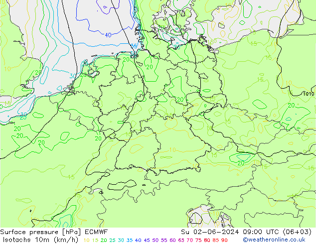 Isotachs (kph) ECMWF Su 02.06.2024 09 UTC