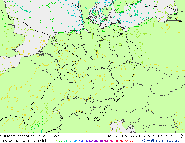 Isotachs (kph) ECMWF Seg 03.06.2024 09 UTC