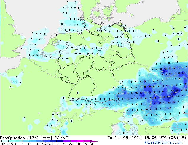 Precipitation (12h) ECMWF Tu 04.06.2024 06 UTC