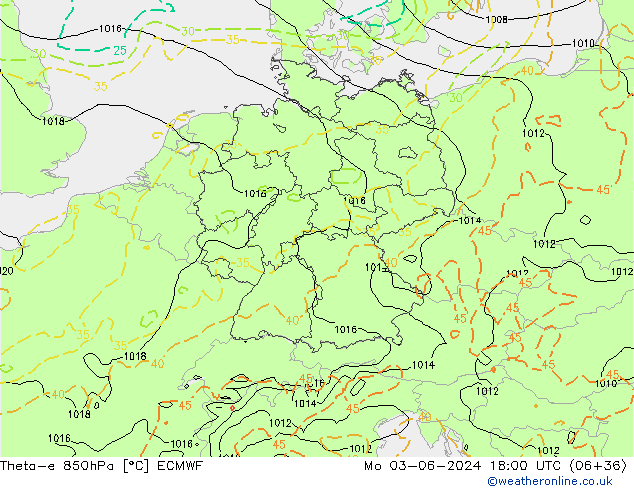 Theta-e 850hPa ECMWF Mo 03.06.2024 18 UTC