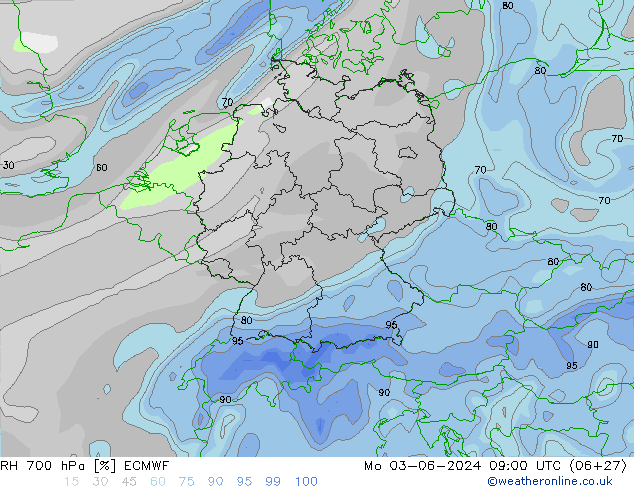 RH 700 hPa ECMWF lun 03.06.2024 09 UTC