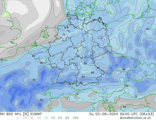 RH 850 hPa ECMWF Su 02.06.2024 09 UTC