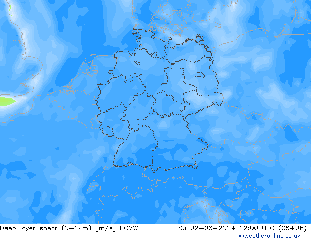 Deep layer shear (0-1km) ECMWF Su 02.06.2024 12 UTC