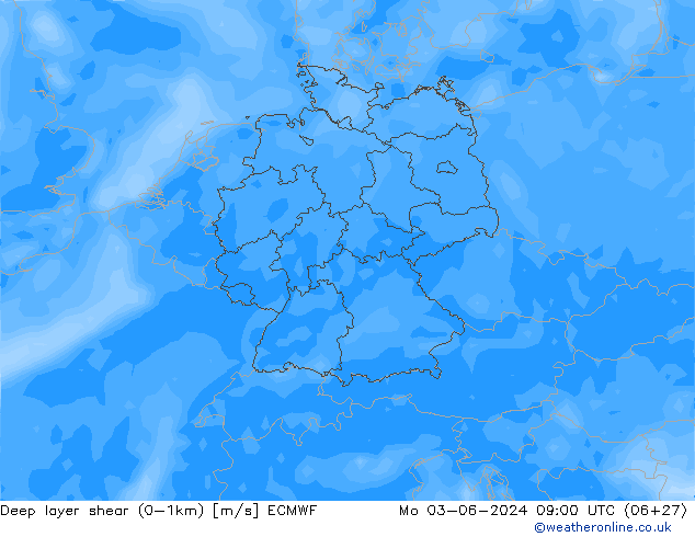 Deep layer shear (0-1km) ECMWF Mo 03.06.2024 09 UTC