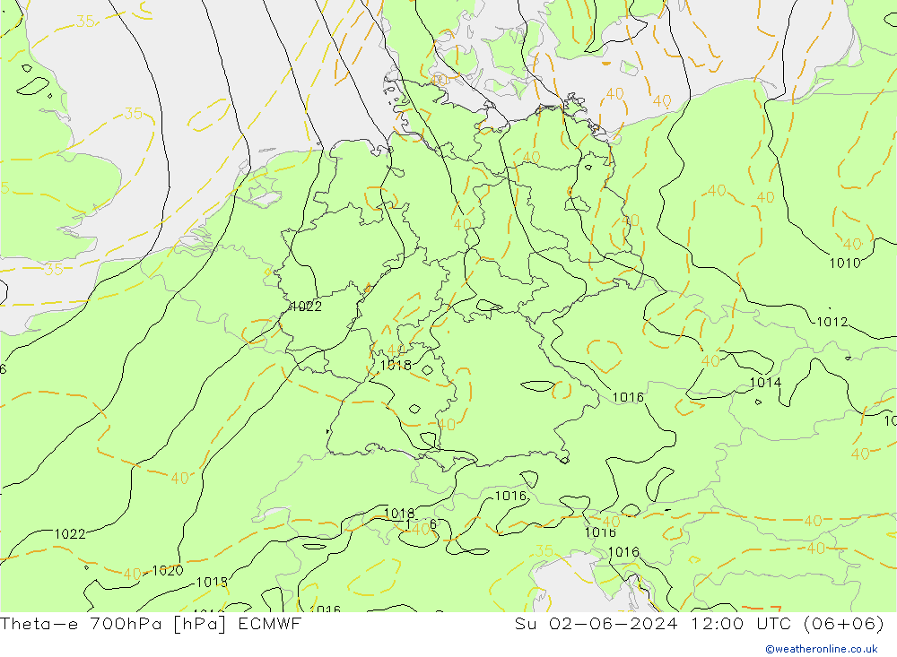 Theta-e 700hPa ECMWF Su 02.06.2024 12 UTC