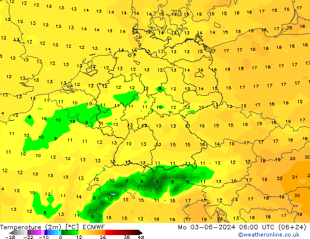 mapa temperatury (2m) ECMWF pon. 03.06.2024 06 UTC