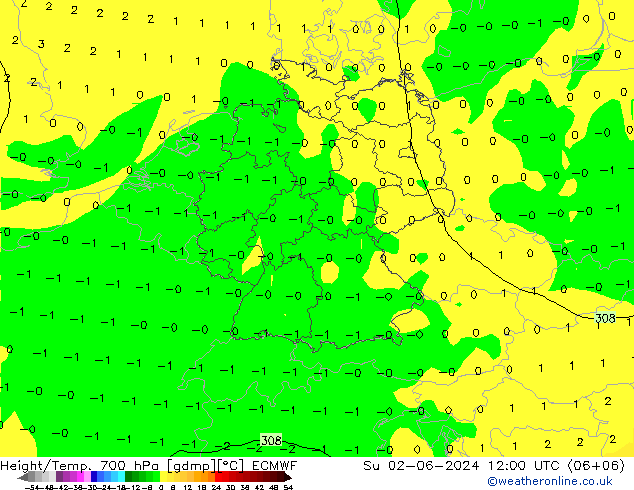 Height/Temp. 700 hPa ECMWF So 02.06.2024 12 UTC