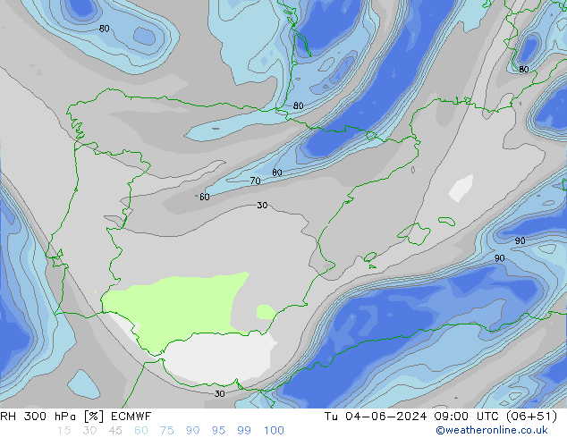 RH 300 hPa ECMWF Tu 04.06.2024 09 UTC