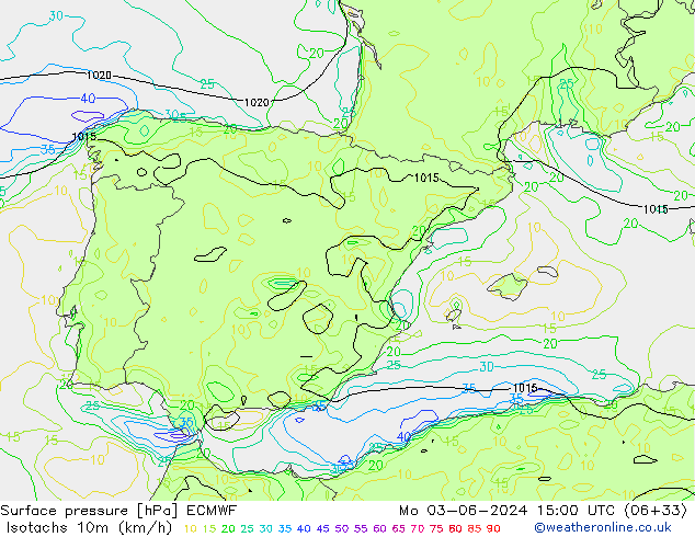 Isotachs (kph) ECMWF пн 03.06.2024 15 UTC