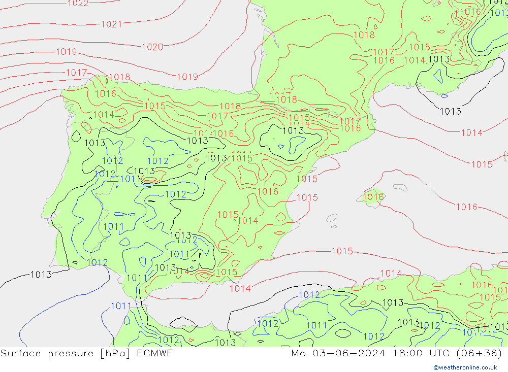 Surface pressure ECMWF Mo 03.06.2024 18 UTC