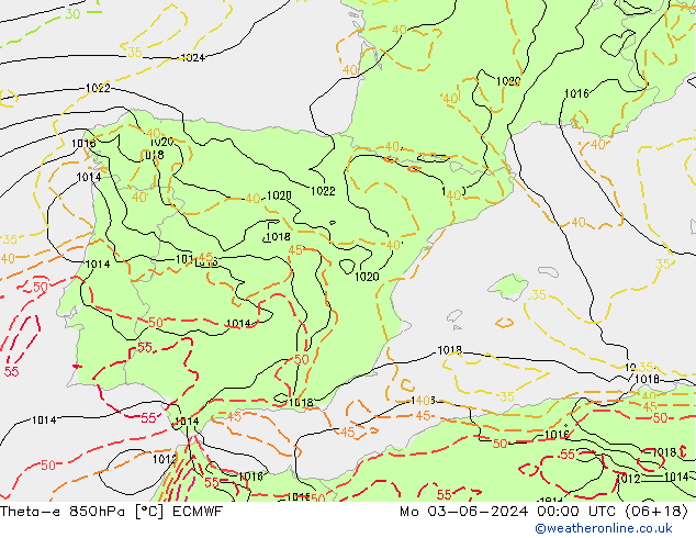 Theta-e 850hPa ECMWF pon. 03.06.2024 00 UTC