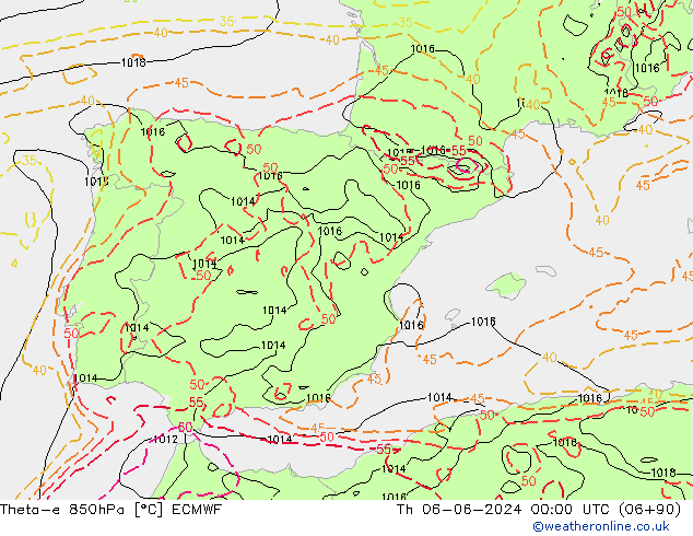 Theta-e 850гПа ECMWF чт 06.06.2024 00 UTC