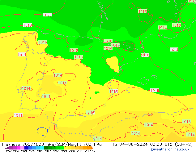 Thck 700-1000 hPa ECMWF Tu 04.06.2024 00 UTC