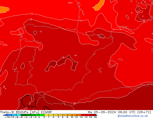 Theta-W 850гПа ECMWF ср 05.06.2024 06 UTC