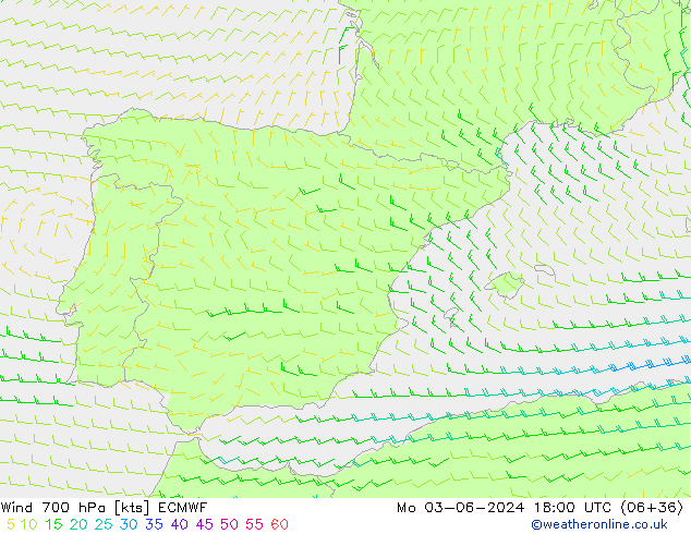 Wind 700 hPa ECMWF Mo 03.06.2024 18 UTC