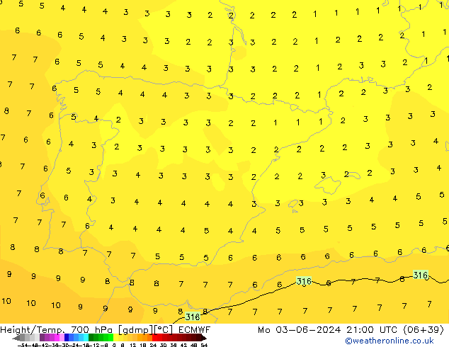 Hoogte/Temp. 700 hPa ECMWF ma 03.06.2024 21 UTC