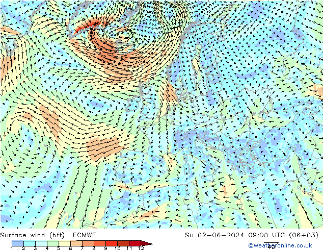 Rüzgar 10 m (bft) ECMWF Paz 02.06.2024 09 UTC