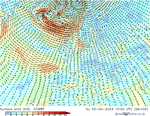Surface wind (bft) ECMWF Su 02.06.2024 15 UTC