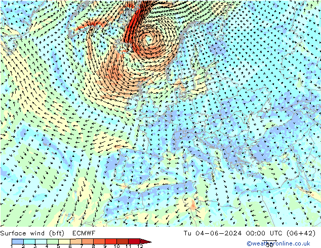 Vent 10 m (bft) ECMWF mar 04.06.2024 00 UTC