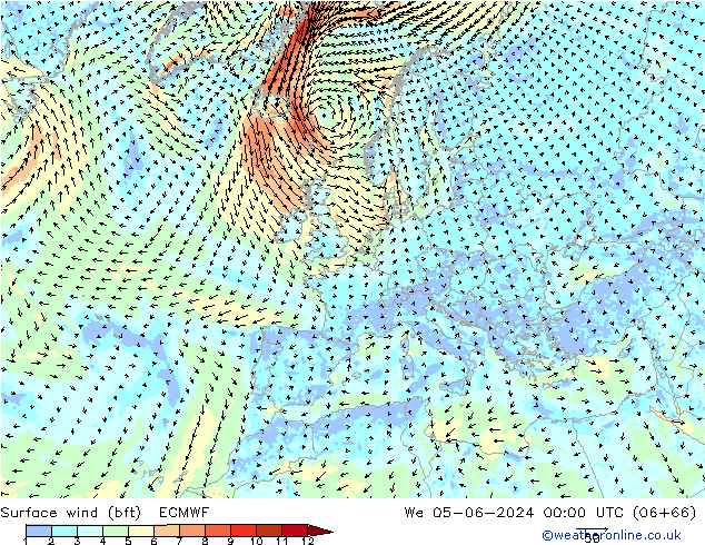 Surface wind (bft) ECMWF We 05.06.2024 00 UTC