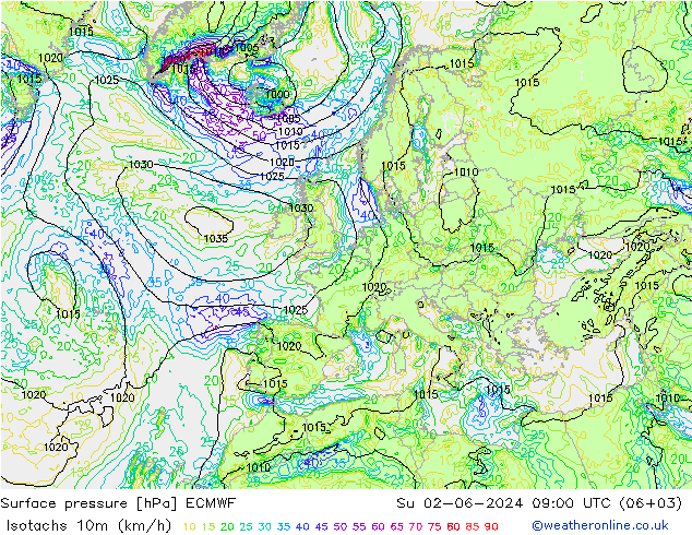 Isotaca (kph) ECMWF dom 02.06.2024 09 UTC