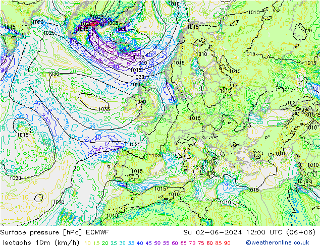 10米等风速线 (kph) ECMWF 星期日 02.06.2024 12 UTC